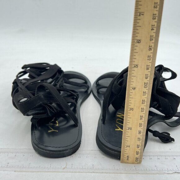 YDN Black Knee High Lace up Flats Fringe Low Heel Gladiator Strap Sandals Shoe - Picture 5 of 8